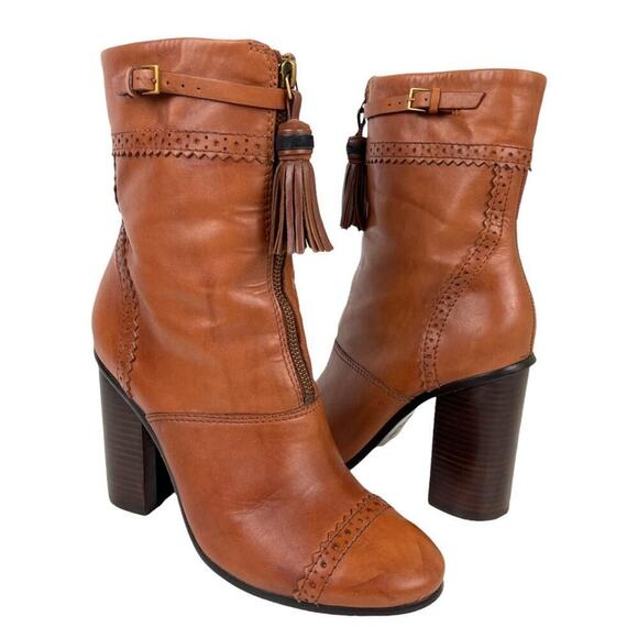 TORY BURCH Womens Size 8 Huxley Brown Leather Ankle Boots Tassel Zipper Shoes